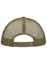 A five-panel trucker cap in tan with a polyester mesh back and adjustable strap, featuring a logo.