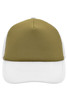 A khaki polyester mesh trucker cap with a white brim and side mesh panels, featuring a logo.