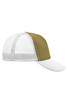 A 5 panel trucker cap featuring a white mesh back and a khaki front panel. The cap has a logo on it.