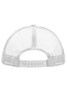 A white five-panel polyester mesh trucker cap with a plastic snapback closure at the rear.