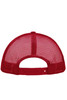 A red 5 panel polyester mesh trucker cap featuring a mesh back and an adjustable strap.