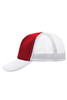 A red and white 5-panel polyester mesh trucker cap featuring a structured design and a rear mesh panel.