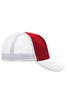 A red and white trucker cap with mesh panels and a curved brim. It features a logo on the front.