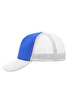 A blue and white 5-panel polyester mesh trucker cap, featuring a breathable mesh back and a curved brim.