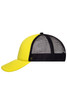A yellow and black 5 Panel Polyester Mesh Trucker cap with a mesh back and curved brim, featuring a logo.