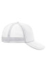 A white 5-panel polyester mesh trucker hat with a solid front and mesh back, featuring a logo.