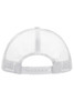A white 5-panel mesh trucker cap featuring a plastic snapback closure and a mesh design for ventilation.
