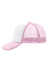A pink and white 5 Panel Polyester Mesh Trucker hat with a mesh back and curved brim. Includes a logo.
