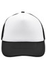 A 5-panel polyester mesh trucker cap in black and white with a structured shape and a logo on the front.