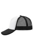 A black and white 5 panel polyester mesh trucker cap featuring a solid front and mesh back, with a curved brim and a logo.