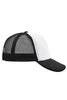 A black and white 5 Panel Polyester Mesh Trucker cap with a mesh back and curved visor.