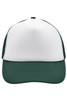 A green and white 5 Panel Polyester Mesh Trucker hat featuring a logo on the front.