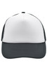 A 5-panel trucker cap featuring a white front and a grey mesh back, with stitching on the visor and a logo.