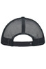 A black 5-panel polyester mesh trucker cap with a snapback closure and a logo on the back.