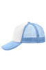 A light blue and white 5-panel polyester mesh trucker cap with a curved brim and a mesh back.