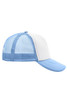 A light blue and white 5 panel polyester mesh trucker cap with a curved brim and a rear mesh panel.