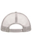 A grey 5 Panel Polyester Mesh Trucker cap with a mesh design and an adjustable strap at the back.