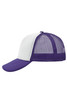 A purple and white 5 panel polyester mesh trucker cap with a curved brim and mesh back. It features a logo.