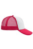 A red and white 5-panel polyester mesh trucker cap with a mesh back and a curved brim.
