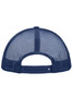 A navy blue 5 Panel Polyester Mesh Trucker hat featuring a mesh back and an adjustable strap.