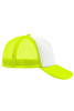 A bright green and white 5 Panel Polyester Mesh Trucker cap with a curved peak and mesh sides, featuring a logo.