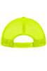 A bright neon yellow 5 panel polyester mesh trucker hat with adjustable snapback closure and a branding logo.