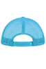 A bright turquoise 5 Panel Polyester Mesh Trucker cap featuring a mesh back and adjustable strap.