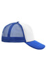 A blue and white 5 panel polyester mesh trucker cap with a structured brim and mesh back.