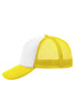 A yellow and white 5-panel polyester mesh trucker cap with a curved peak and a mesh back.