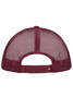 A maroon 5 panel polyester mesh trucker cap with a snapback closure and a mesh design at the back.