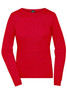 A red ladies round-neck pullover with long sleeves, featuring a simple design and a small logo.