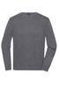 A grey round-neck pullover sweater with long sleeves and a branded label inside.