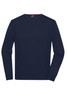 A navy blue men's round-neck pullover sweater with long sleeves and a subtle texture. It features a logo on the label.
