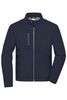 A navy men's softshell jacket featuring a zip closure and multiple pockets, including a chest pocket.