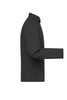 A men's softshell jacket in dark grey with a zip front and a logo on the sleeve.