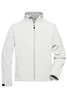 A white softshell jacket with a zip front and a high collar. It features pockets and has a logo on it.