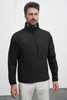 A black men's softshell jacket with a zip front and high collar, showcasing a casual and stylish design.