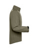 A softshell jacket in a khaki colour, featuring a high collar and a fitted design. It has a logo on the sleeve.