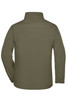 A softshell jacket in olive green, featuring a high collar and long sleeves. It has a logo on the back.