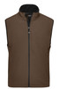 A brown softshell vest with a zip front and a black collar, featuring a logo on the chest.