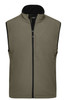 A mens softshell vest in olive green with a black collar and a front zip, featuring a logo on the chest.