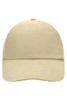 A beige 6 Panel Raver Cap with a curved brim and an adjustable strap, featuring a logo on the front.