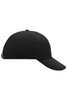 A black six-panel cap with a curved brim and adjustable strap at the back. Features branding.