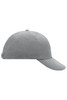A grey 6 Panel Raver Cap featuring a curved brim and an adjustable strap at the back. It has a logo on the side.