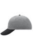 A grey 6 panel cap with a black peak, featuring a logo on the front.