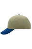 A 6 panel cap in olive green with a navy blue peak, featuring a logo on the side.