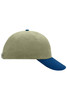 A 6-panel raver cap in khaki with a blue peak and an adjustable strap, featuring branding.