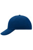 A blue 6 panel raver cap with a curved visor and a logo on the side.