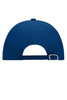 A blue 6 panel raver cap with a rear opening and an adjustable strap. It includes a logo on the side.
