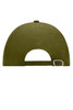 A 6-panel raver cap in olive green with an adjustable strap and a logo on the back.